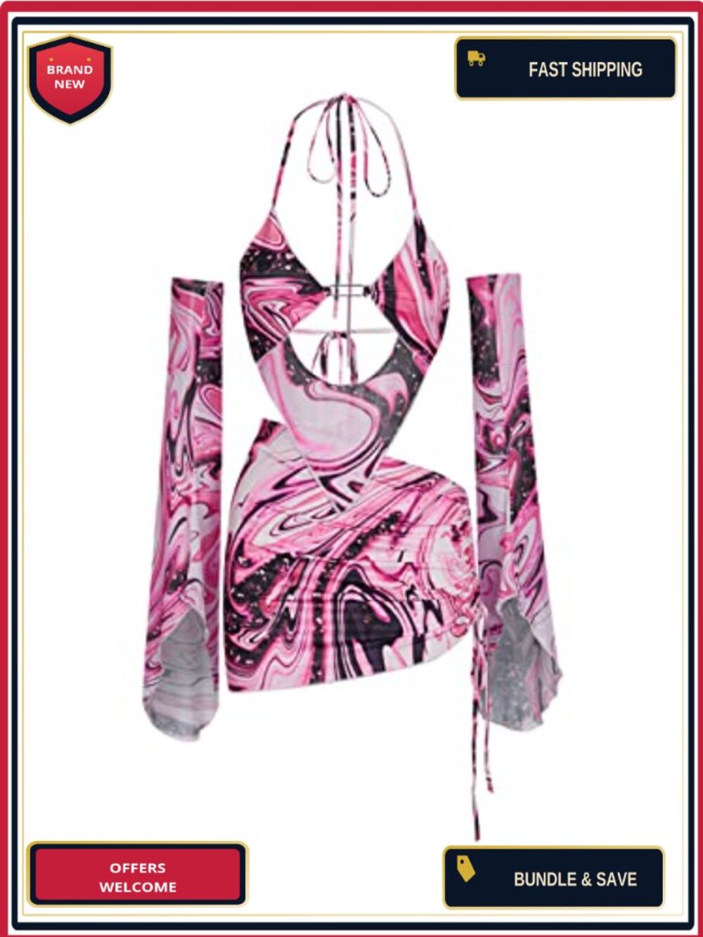 Sexy Y2K Rave Festival 2 Piece Outfit Long Sleeve Crop Top & Skirt Set Clubwear